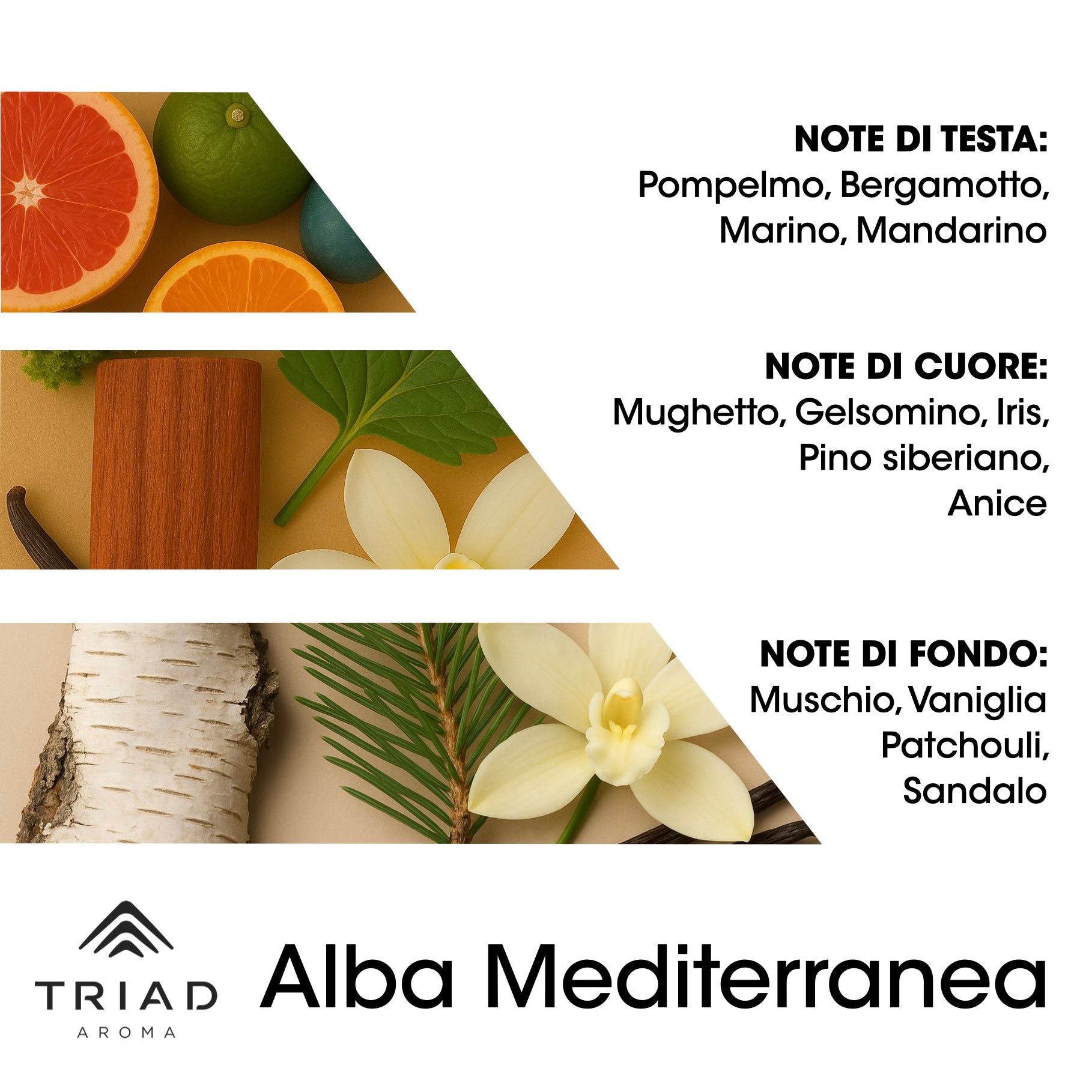 Triad Aroma Piramide olfattiva Alba mediterranea con pompelmo, bergamotto, marino e mandarino
