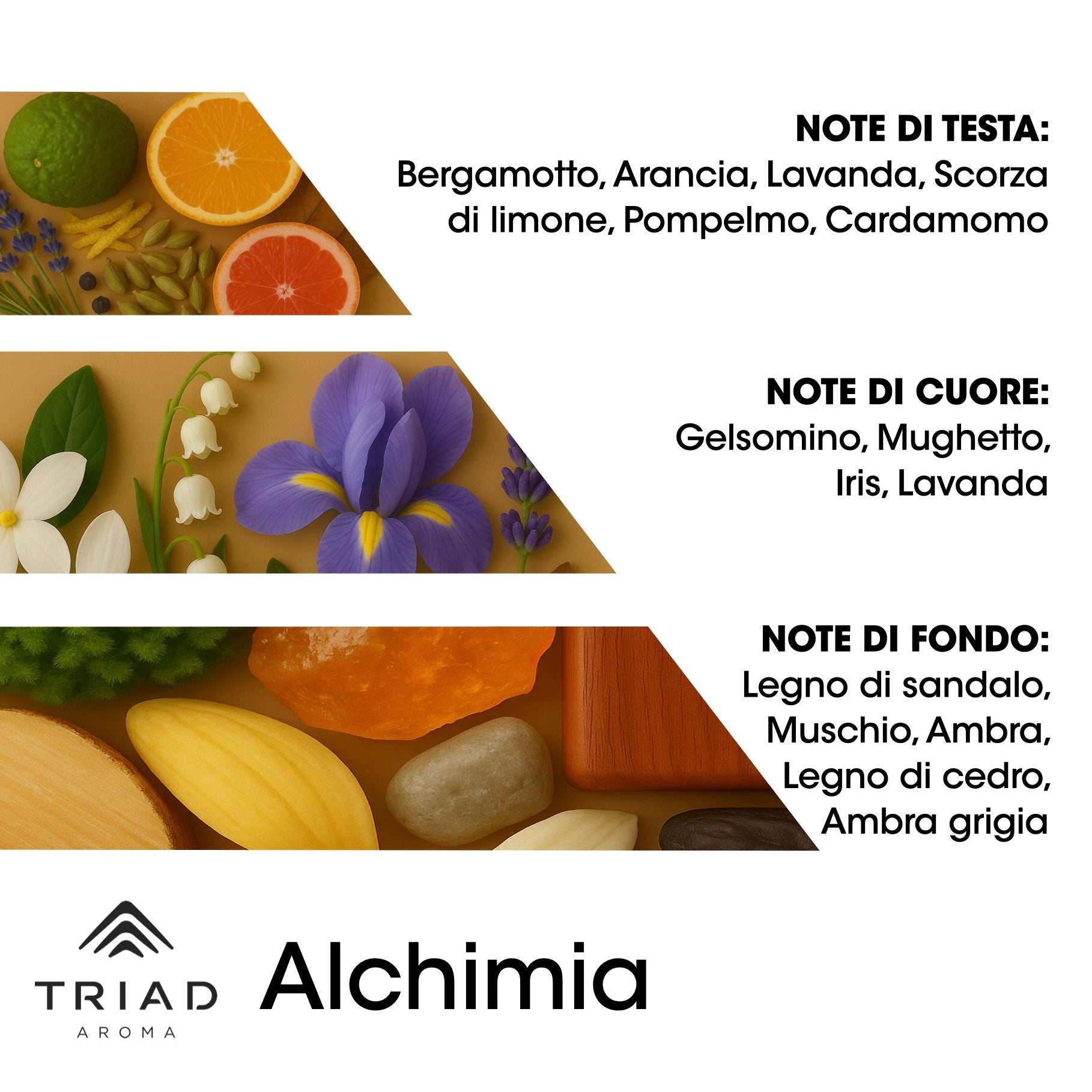 Triad Aroma Piramide olfattiva Alchimia con bergamotto, arancia, lavanda, scorza di limone, pompelmo e cardamomo