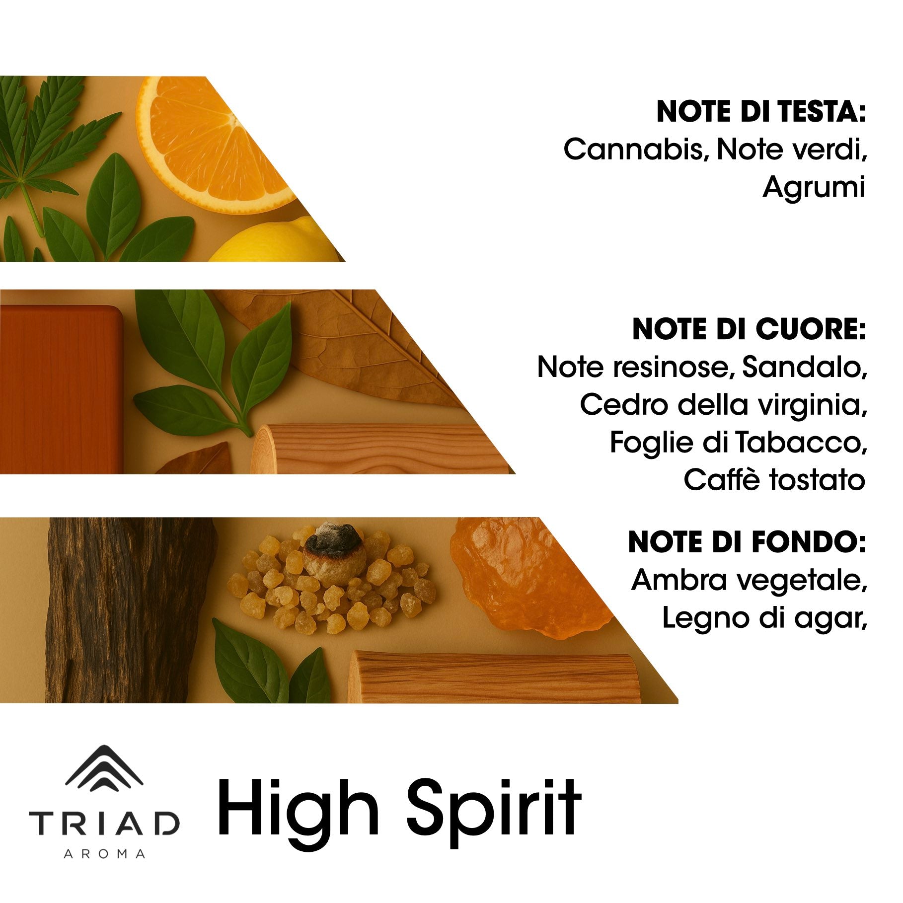 Triad Aroma Piramide olfattiva High spirit con cannabis, note verdi e argumi