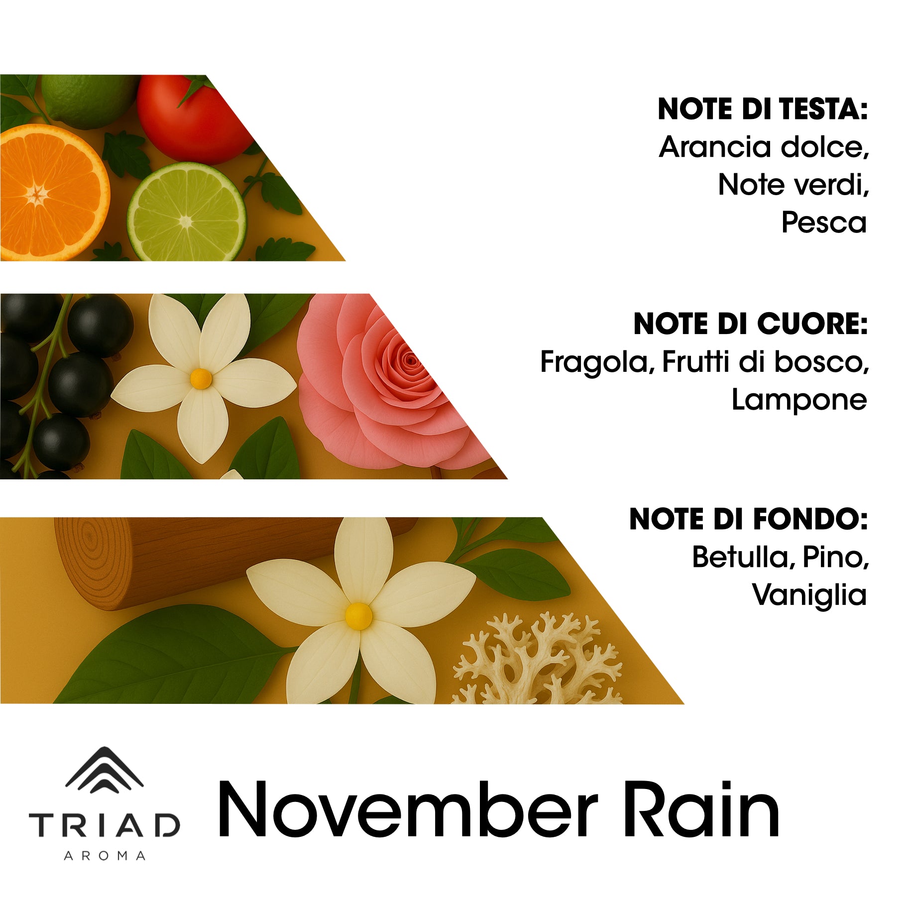 Triad Aroma Piramide olfattiva November Rain con pomodoro e legno di cedro